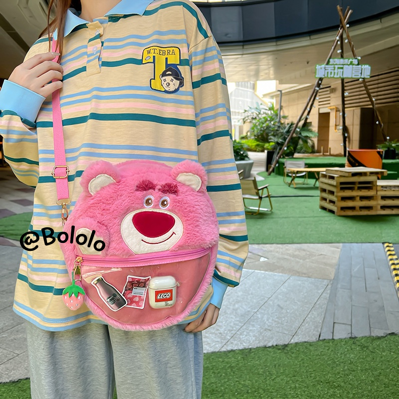 Bololo Túi Đeo Chéo Trong Suốt Phối Lông Hình Gấu Dâu Tây Dễ Thương Thời Trang Cho Nữ