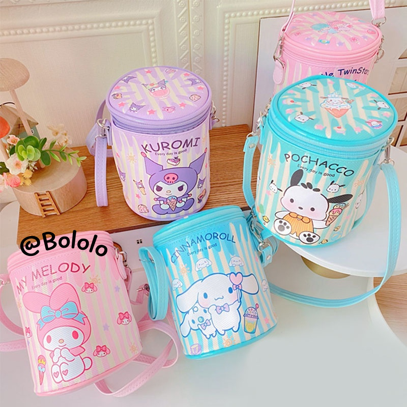 Bololo Túi Đeo Chéo Da PU Hình Trụ Họa Tiết Hoạt Hình Dễ Thương Cho Nữ