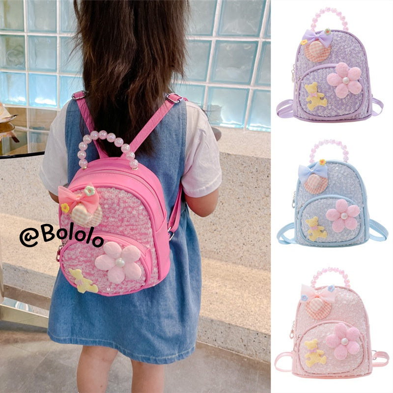 Bololo Ba Lô Da PU Đính Nơ Và Kim Sa Lấp Lánh Thời Trang Hàn Quốc Xinh Xắn Cho Bé Gái