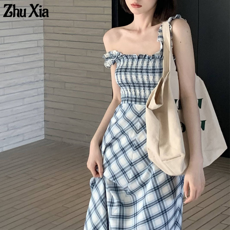 ZhuXia Đầm Dài Hai Dây Cổ Vuông Eo Cao Ôm Dáng Họa Tiết Kẻ Ô Thời Trang Mùa Hè Hàng Mới 2023 Dành Cho Bạn Nữ