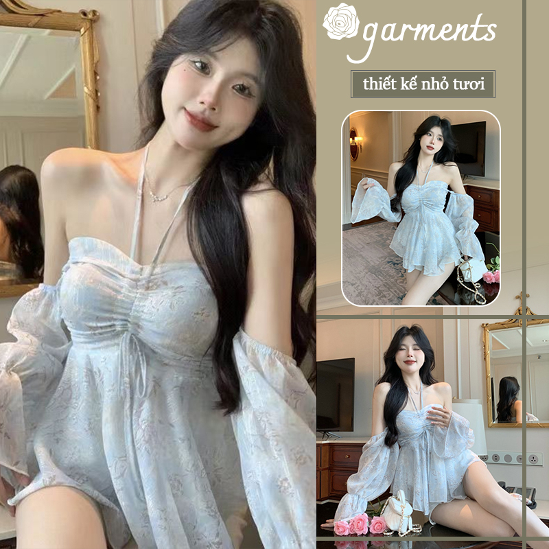 Áo Chiffon trễ vai dài tay áo quây Họa Tiết Hoa Màu Xanh Dương Phong Cách Ngọt Ngào tay áo Tháo Rời Được thời trang nữ