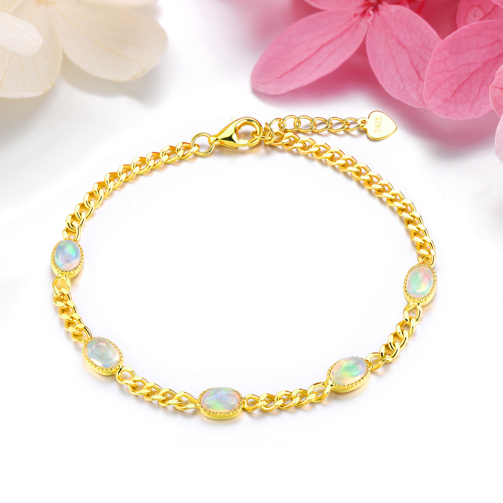 Vòng Tay Đá Opal Tự Nhiên Mạ Vàng / Bạc 925 Mặt Oval 1.8 Carats Thời Trang Cho Nữ