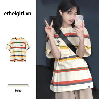 Ethelgirl Thời Trang Sọc Cổ Tròn Rời Tay Ngắn Áo Thun Nữ Quần Áo Thường Ngày
