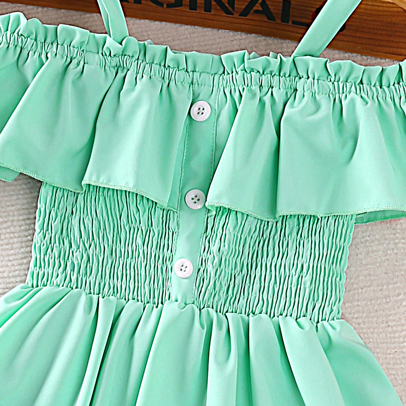 Đầm Trễ Vai Nhún Bèo Màu Xanh Bạc Hà Thời Trang Mùa Hè Xinh Xắn Cho Bé Gái 9-12 Tuổi