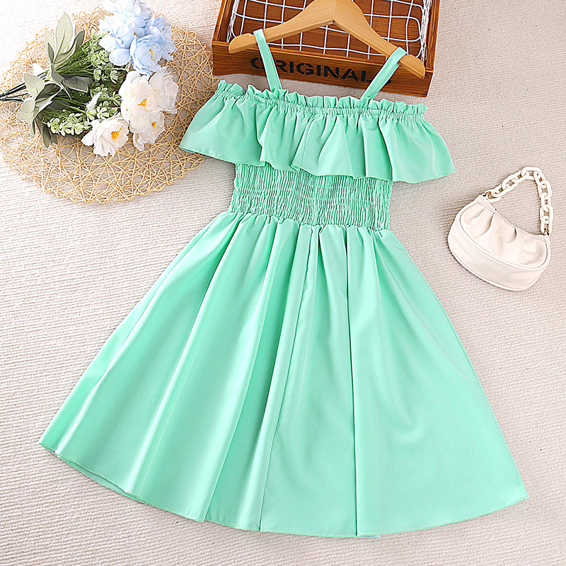 Đầm Trễ Vai Nhún Bèo Màu Xanh Bạc Hà Thời Trang Mùa Hè Xinh Xắn Cho Bé Gái 9-12 Tuổi