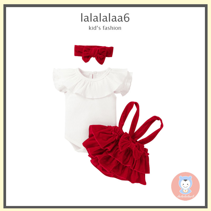 Áo liền quần tay bèo và chân váy yếm vải nhung có băng đô xinh xắn cho bé