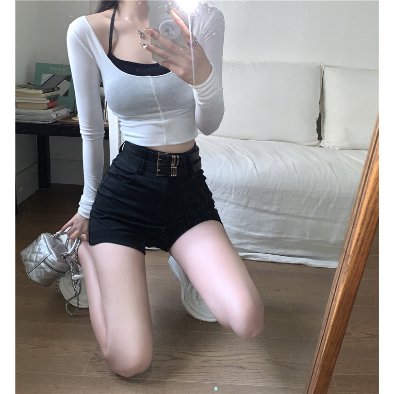 QADCOL Quần Short Lưng Cao Màu Đen Thời Trang Mùa Hè Cho Nữ