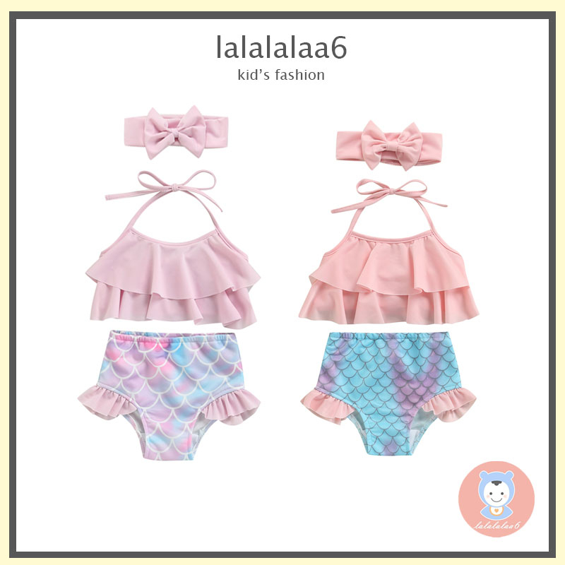 Bộ áo cổ yếm nhún bèo + quần dài hình đuôi cá + băng đô hình nơ màu trơn đáng yêu cho bé gái LAA6
