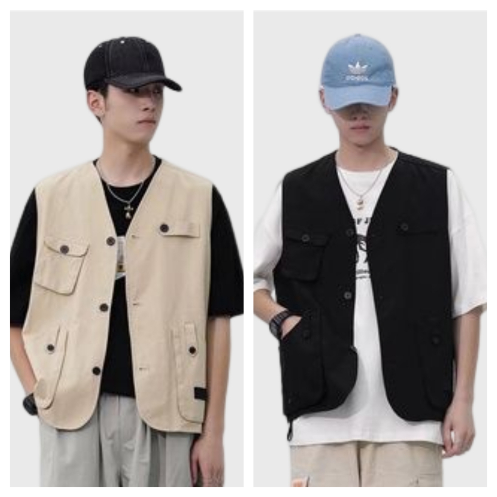 ♞AFF LIGA♞ Áo khoác không tay dáng rộng nhiều túi phong cách hip hop Hàn Quốc mới cho nam