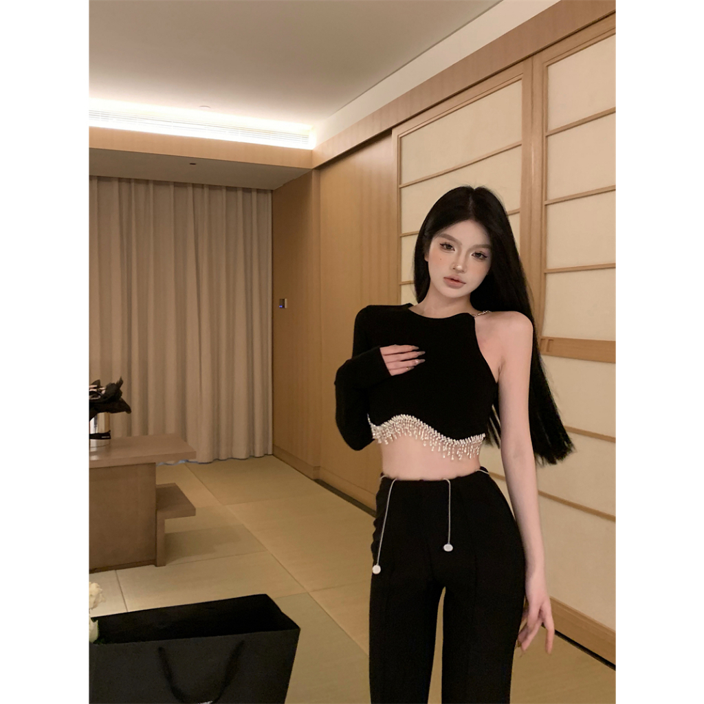 QADCOL Áo Ngắn Không Tay Dây Xích Đen Thiết Kế Không Đối Xứng Mặc Trong Mùa Hè Cho Nữ