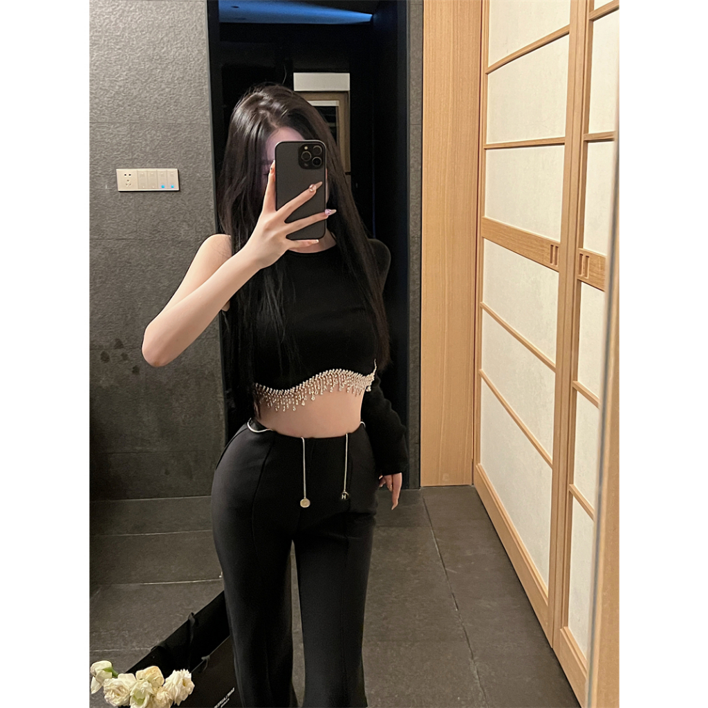 QADCOL Áo Ngắn Không Tay Dây Xích Đen Thiết Kế Không Đối Xứng Mặc Trong Mùa Hè Cho Nữ