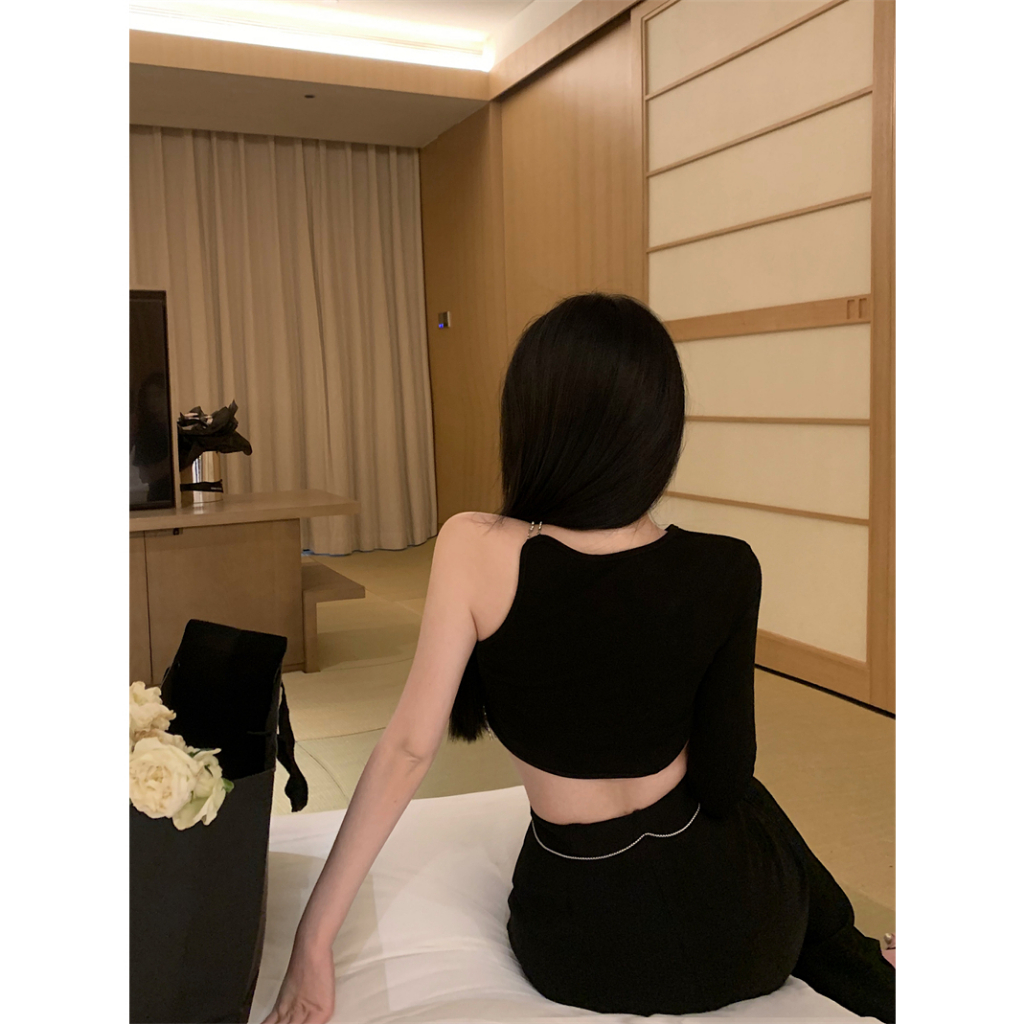 QADCOL Áo Ngắn Không Tay Dây Xích Đen Thiết Kế Không Đối Xứng Mặc Trong Mùa Hè Cho Nữ