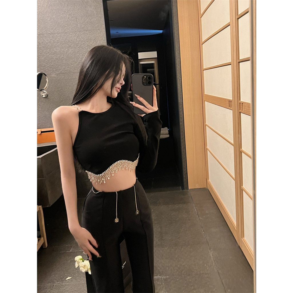 QADCOL Áo Ngắn Không Tay Dây Xích Đen Thiết Kế Không Đối Xứng Mặc Trong Mùa Hè Cho Nữ