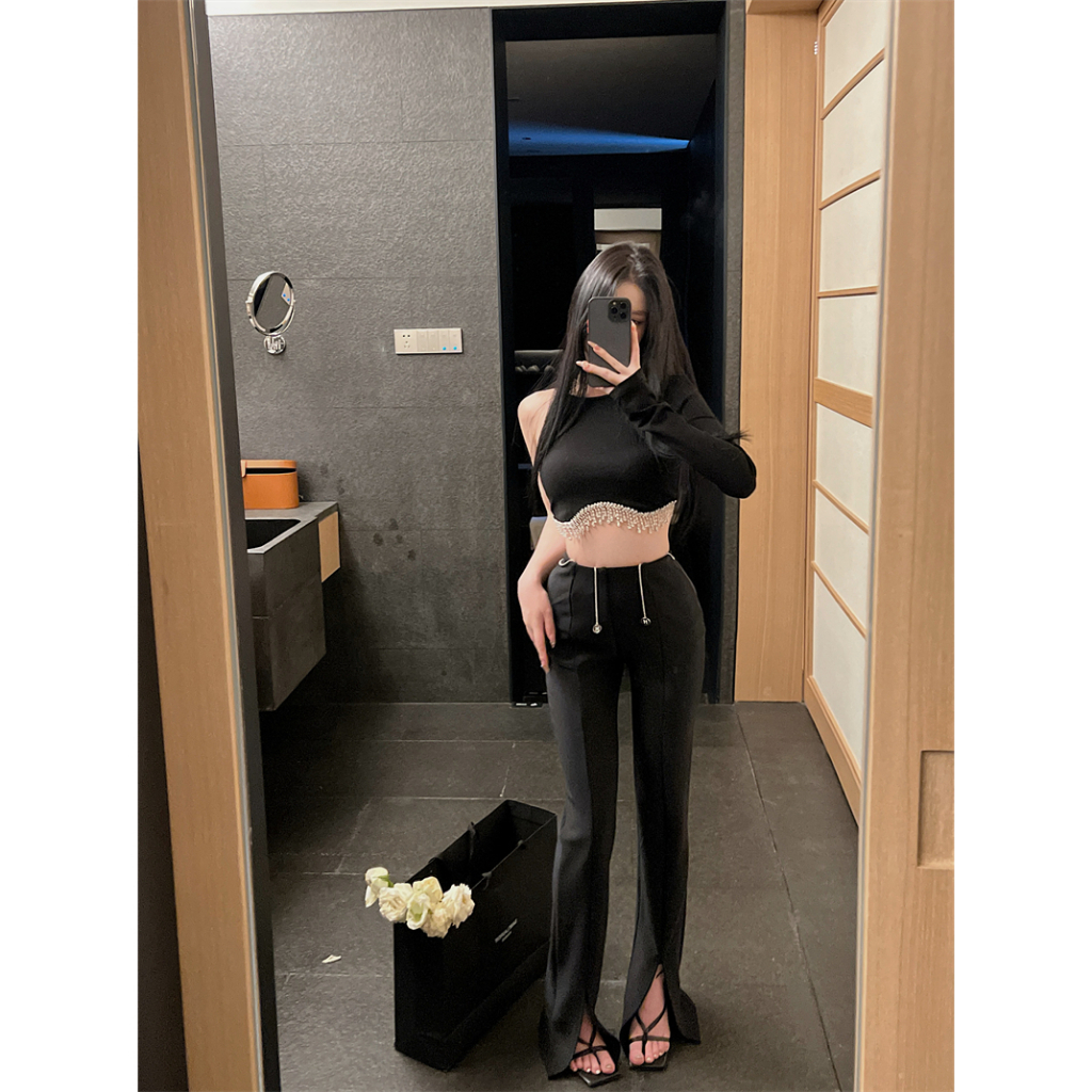 QADCOL Áo Ngắn Không Tay Dây Xích Đen Thiết Kế Không Đối Xứng Mặc Trong Mùa Hè Cho Nữ