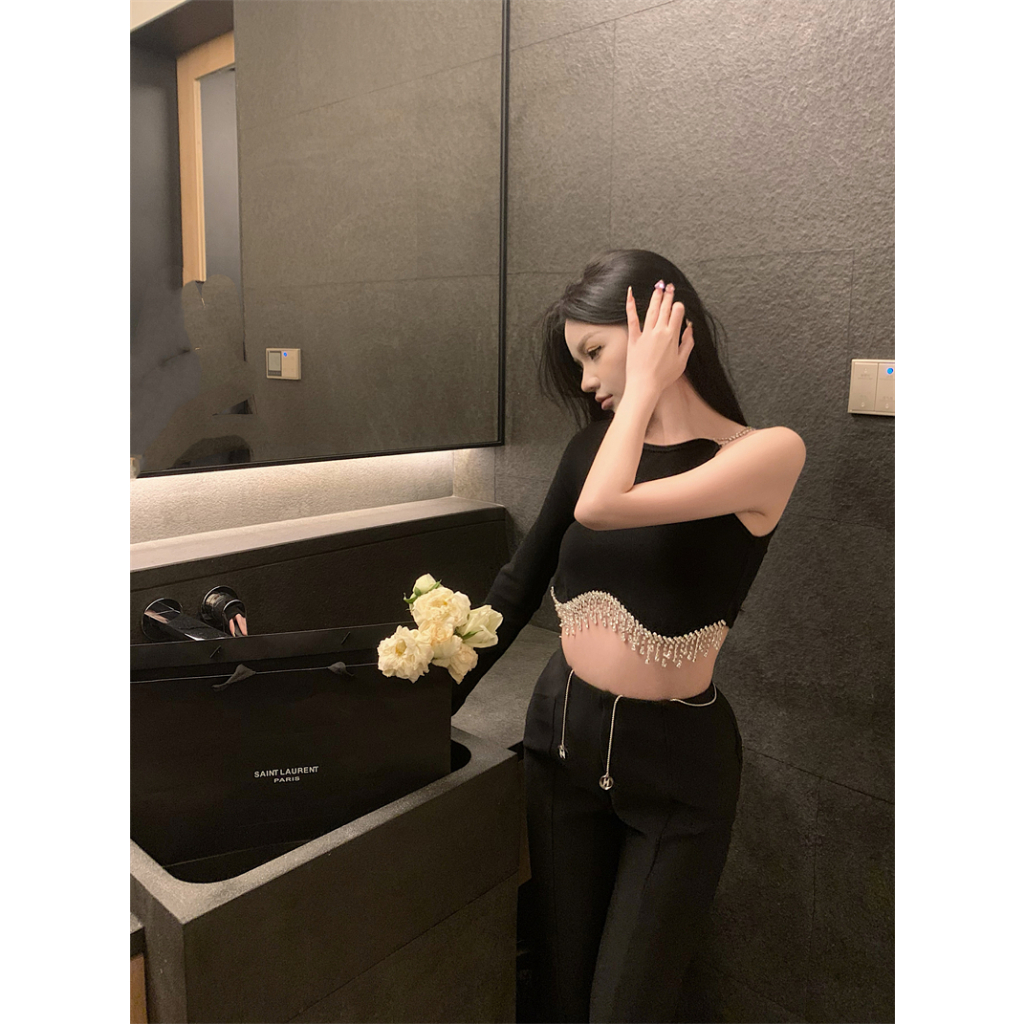 QADCOL Áo Ngắn Không Tay Dây Xích Đen Thiết Kế Không Đối Xứng Mặc Trong Mùa Hè Cho Nữ