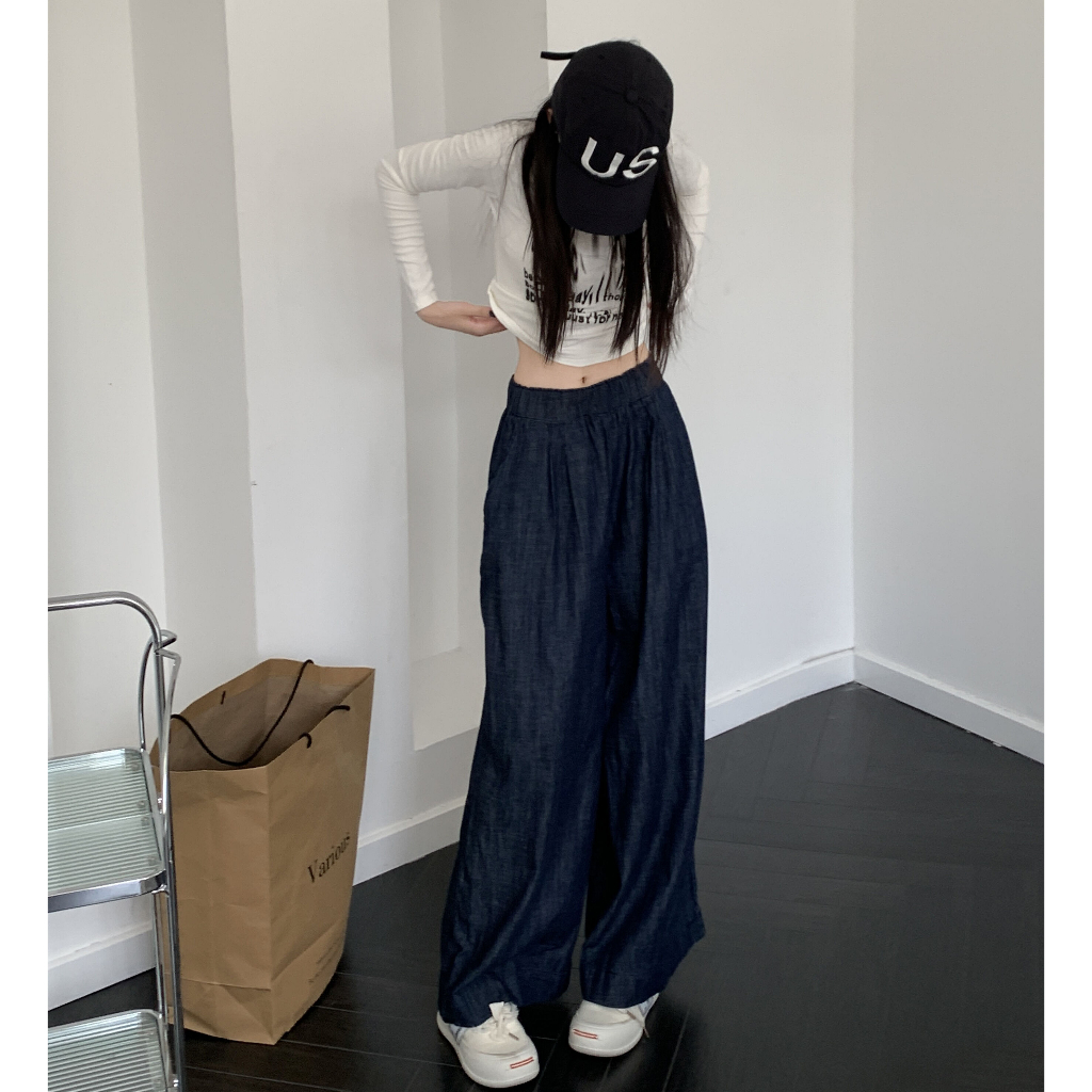 【JMWOMEN】Quần Jean Dài Vải Mềm Ống Rộng Co Giãn Tốt Kiểu Retro Cá Tính