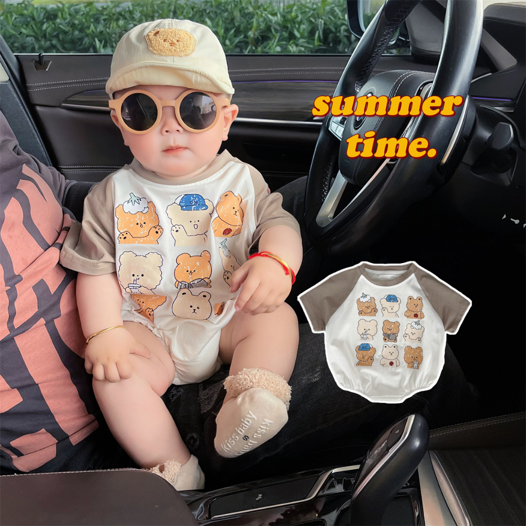 Bộ Áo Liền Quần Bằng cotton Dáng Rộng Thoải Mái Họa Tiết Gấu Nâu Cho Bé Trai 0-2 Tuổi