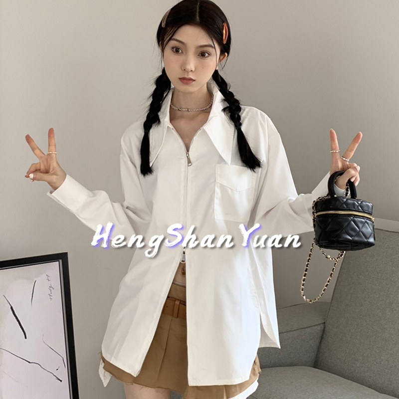 Áo sơ mi HENG SHAN YUAN dài tay cổ bẻ phối khóa kéo đôi thời trang
