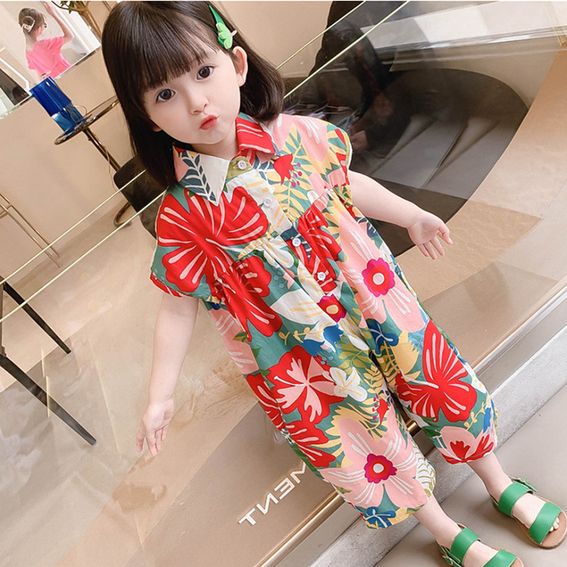 Sun baby Áo liền quần Dáng Rộng Thoáng Khí In Họa Tiết Thời Trang Mùa Hè Phong Cách Hàn Quốc Cho Bé Gái