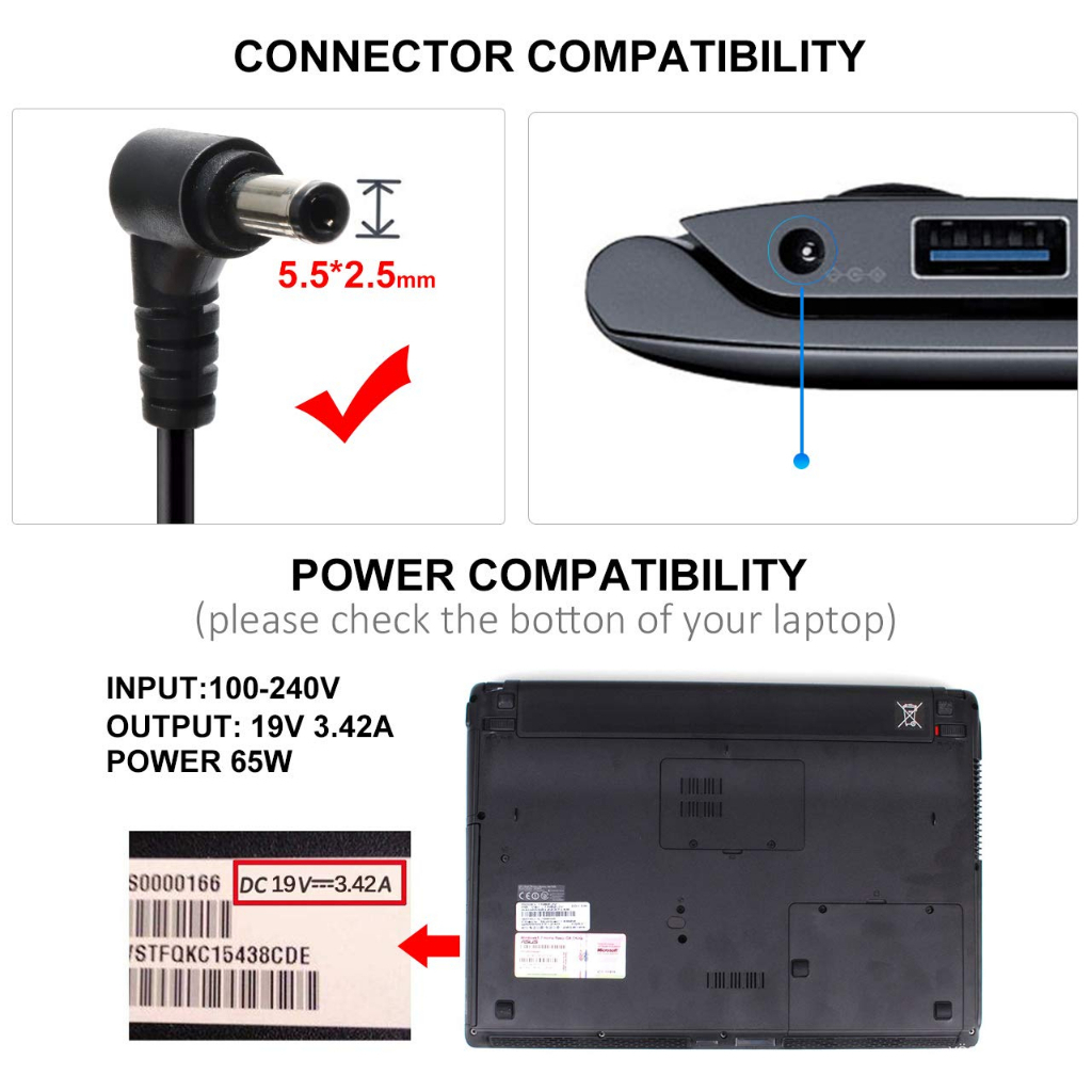 Bộ Sạc 65W Asus 5.5mm * 2.5mm Cho Asus ADP-65DW A X551M X540S X45A X550 X550ZA X551 X551CA X551MA X555LA EXA0703YH EXA1208UH AD887320 Phụ Kiện Chuyên Dụng Chất Lượng Cao Dành Cho Xe Hơi A6.5L