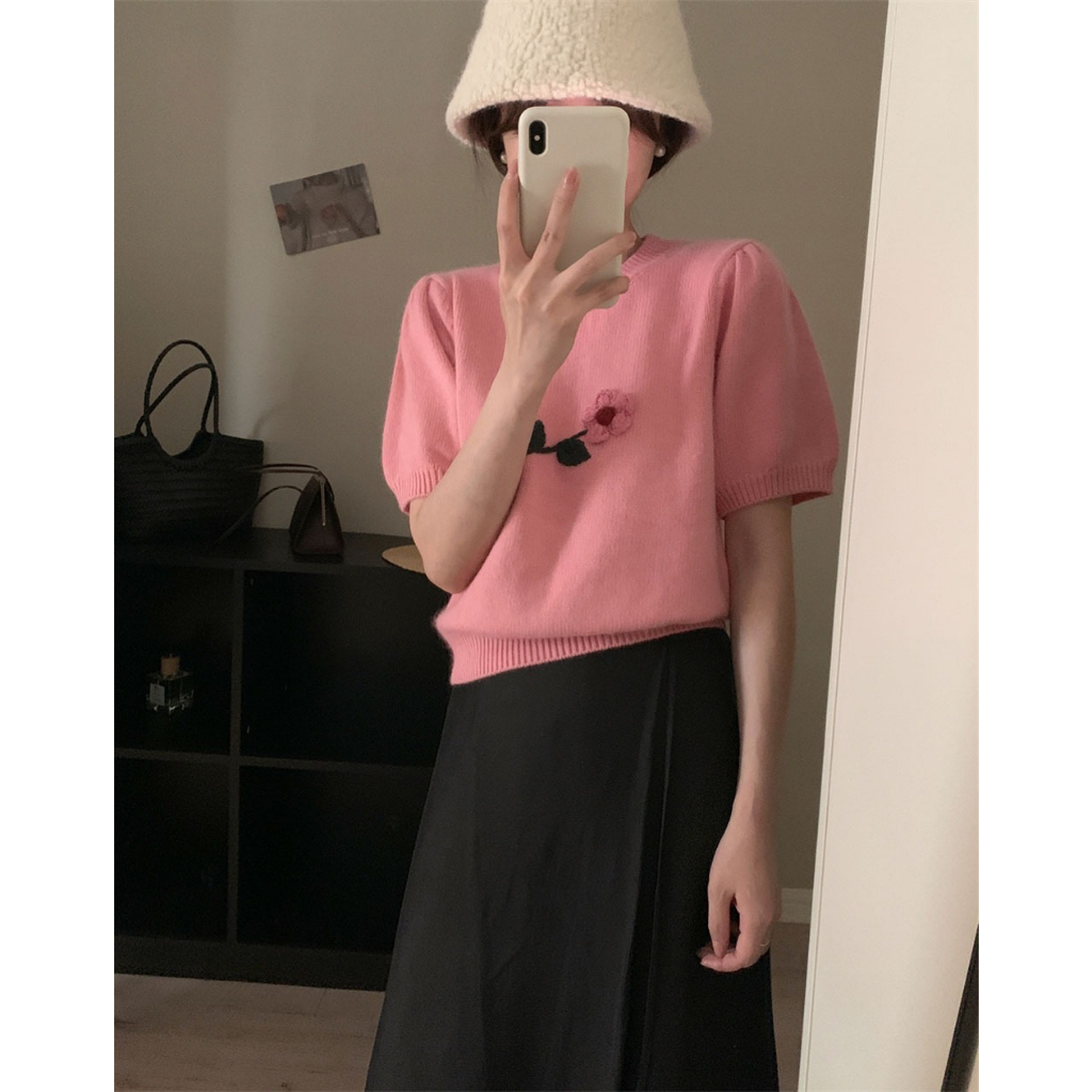 Minimalist Labo Áo Sweater Tay Phồng Ngắn Thời Trang Trẻ Trung