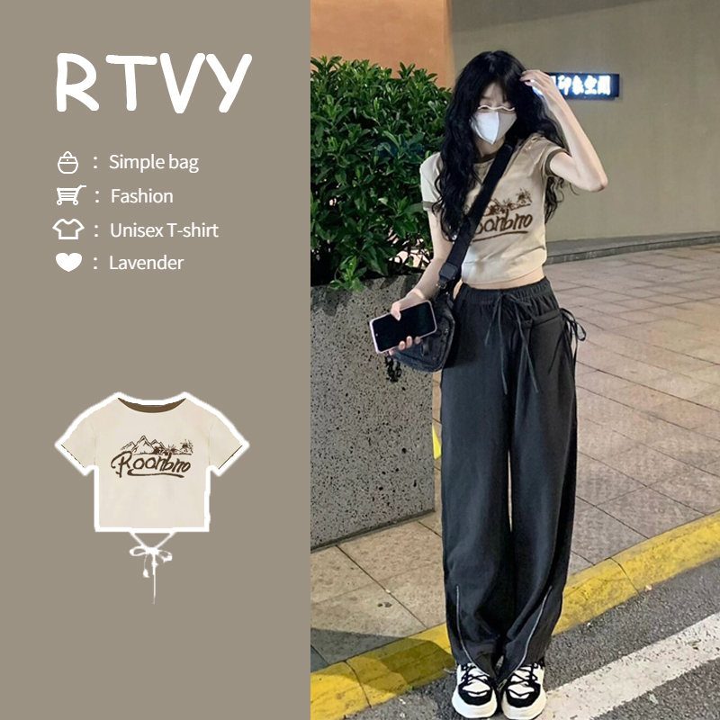 【RTVY】Áo Croptop Ngắn Tay Cổ Tròn In Họa Tiết Phong Cách retro Mỹ Quyến Rũ Cho Nữ