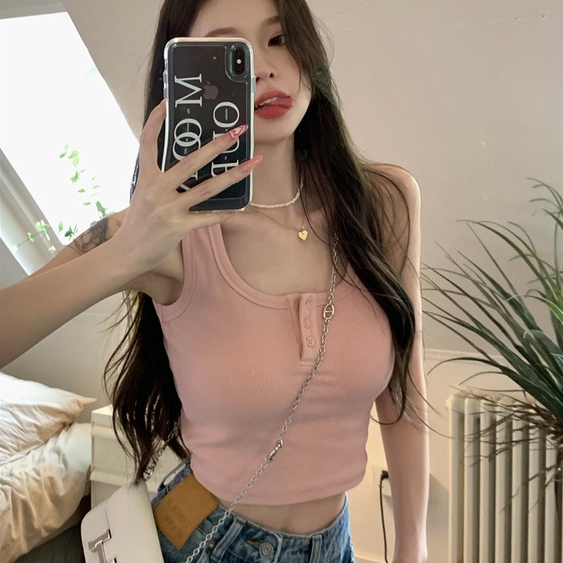 WANG JIAO ZHAN Áo Croptop Hai Dây Cổ Chữ U Phong Cách Ngọt Ngào Và Ngọt Ngào Phong Cách Mới