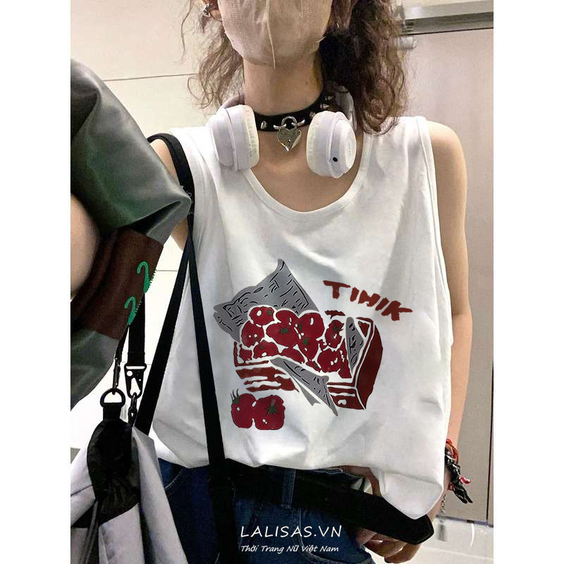Áo Sát Nách Cổ Tròn In Họa Tiết Vui Nhộn Phong Cách retro Mỹ Cho Nữ