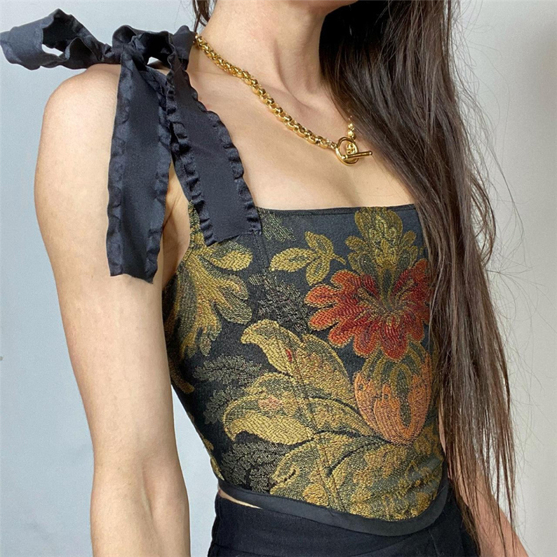 Áo Hai Dây Ôm Dáng Thêu Hoa Phong Cách Retro Mùa Hè Cho Nữ