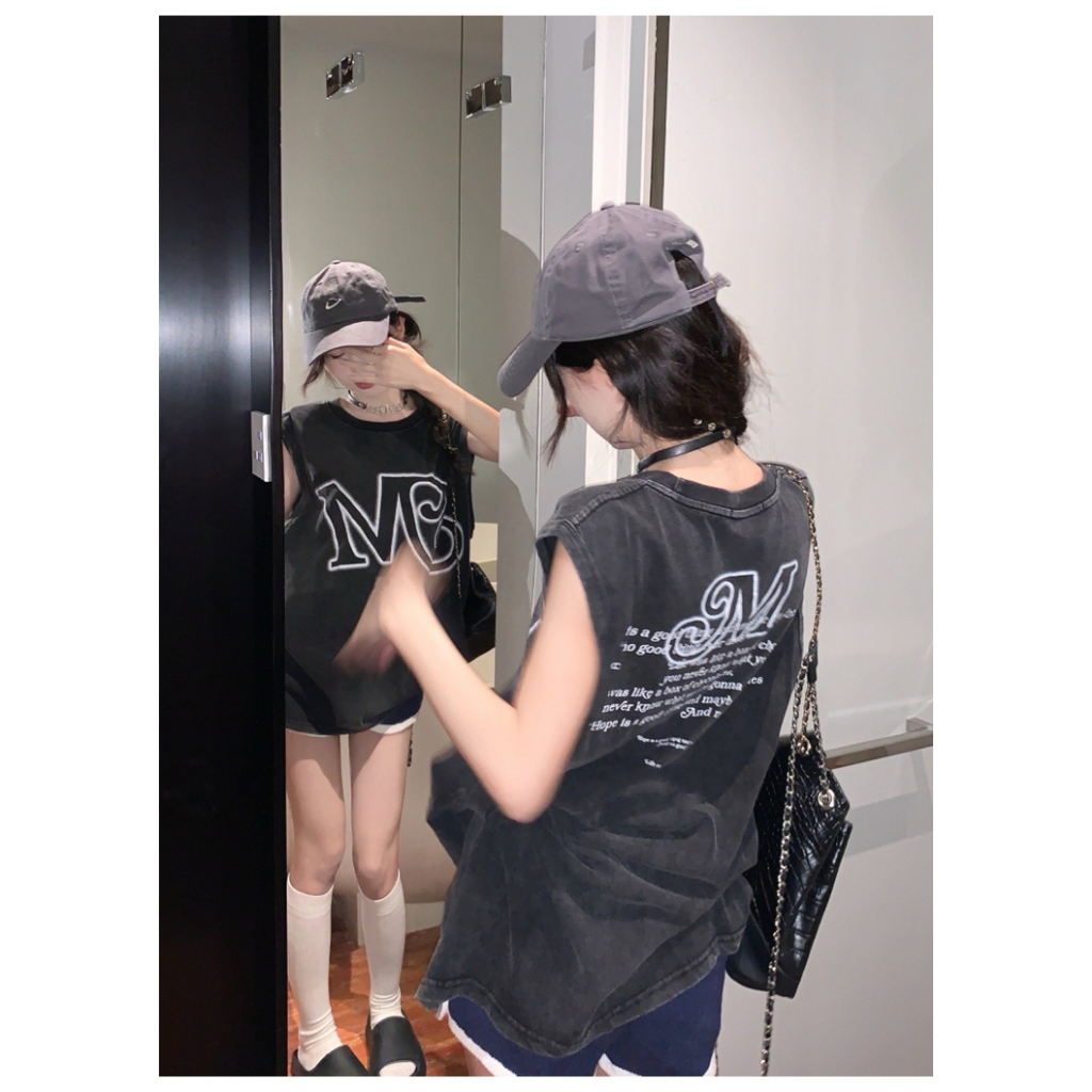 Áo Thun Đen Sát Nách Dáng Rộng Phong Cách vintage Mỹ Cá Tính Cho Nữ