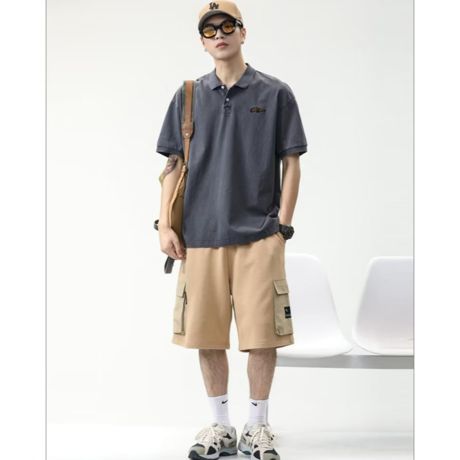 Mỹ Retro Hợp Thời Trang Nam Nửa Tay Áo polo Ve Áo Nửa Tay Áo Thun Mùa Hè Áo Thun Top