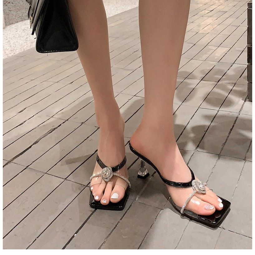 Sandal Cao Gót Hở Ngón Mũi Vuông Quai Nhựa PVC Trong Suốt Đính Đá Pha Lê Phong Cách Thời Trang Mới 2023