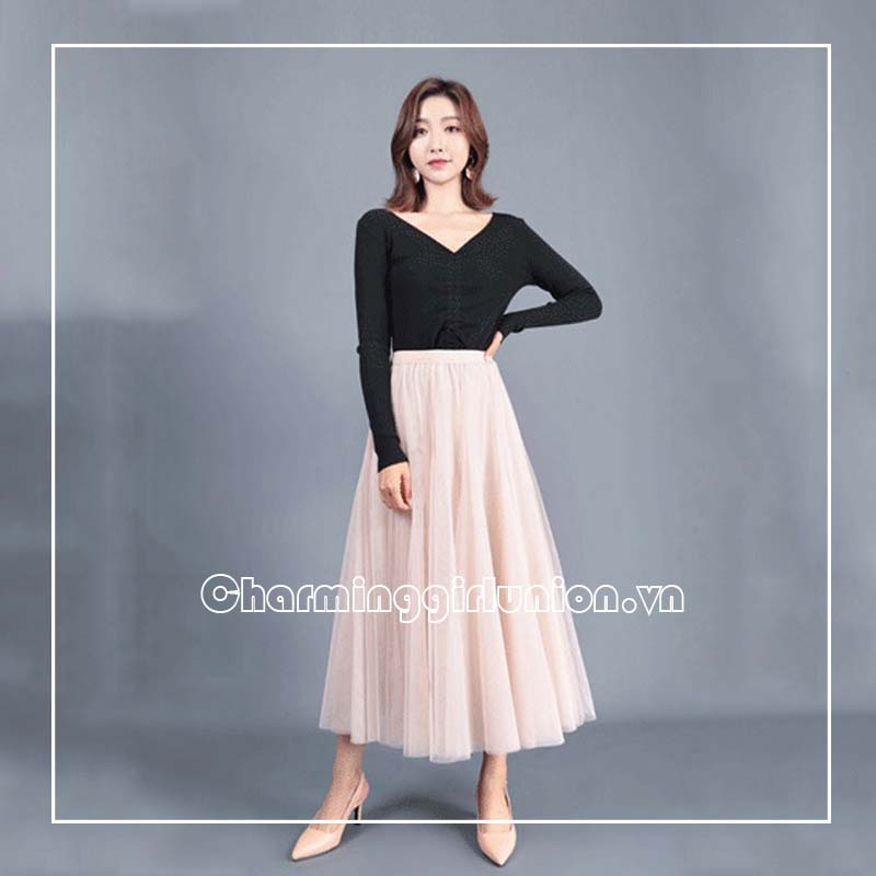 Chân Váy Dài Phối Ren Lưới Xuyên Thấu Thời Trang Nữ Tính