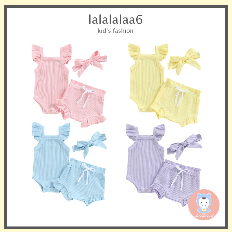 Bộ Áo Liền Quần Tay Bay Màu Trơn + Quần Dây Rút + Băng Đô Cài Tóc Thời Trang Cho Bé Gái LAA6