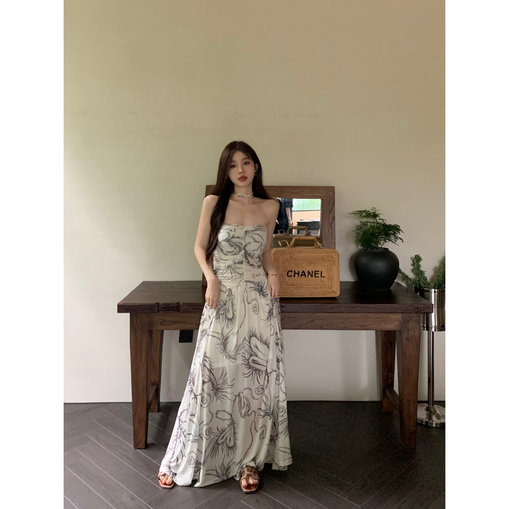 【COLORBLLIND】 Đầm Dài Cổ Yếm In Họa Tiết Phong Cách Pháp Eo Hẹp Quyến Rũ