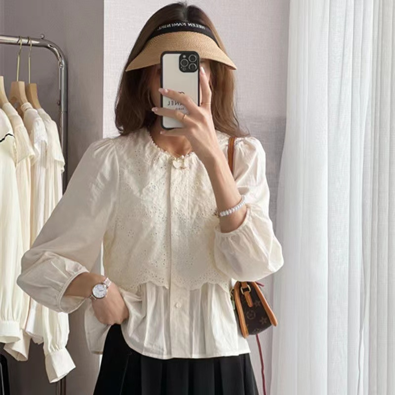 Áo Kiểu Tay Dài Cổ Tròn Phối Ren Dáng Ôm Thời Trang retro Hàn Quốc Cho Nữ