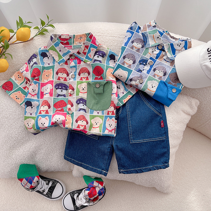 Áo Sơ Mi Ngắn Tay Họa Tiết Kẻ Ô Vuông + Quần Short Denim Cotton Thời Trang Mùa Hè Kiểu Mới Cho Bé Kích Thước 80-120cm