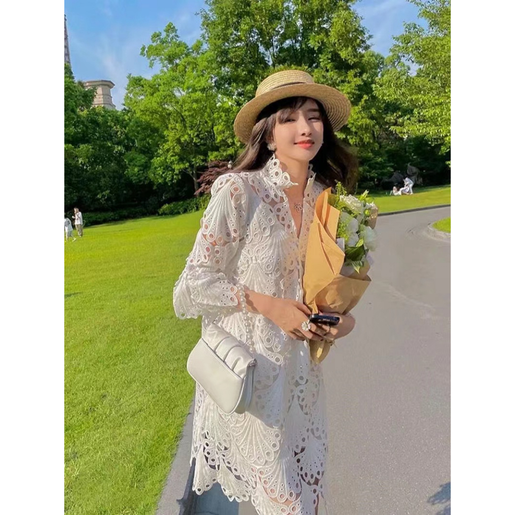 Đầm midi Dài Dáng Rộng Tay Dài Phối Ren Màu Trắng Thời Trang Mùa Hè Cho Nữ Mới