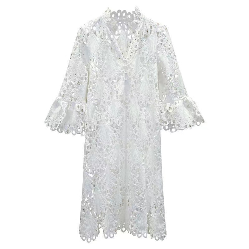 Đầm midi Dài Dáng Rộng Tay Dài Phối Ren Màu Trắng Thời Trang Mùa Hè Cho Nữ Mới