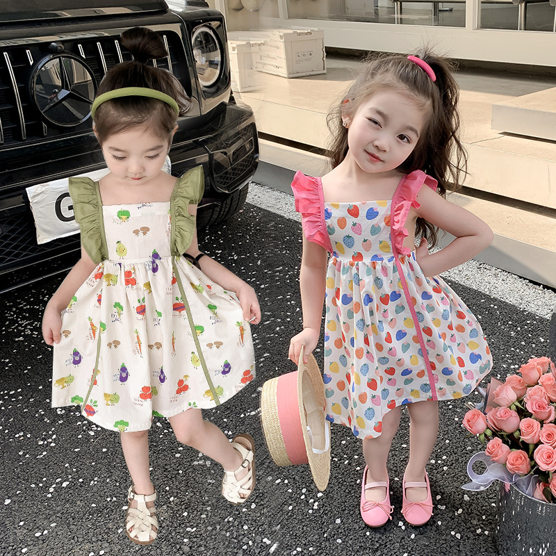 Đầm Bé Gái Mùa Hè Tay Bay Nhỏ Màu Hồng / Xanh Lá In Hình Trái Cây Tươi Mới Và Thoải Mái Cho Bé Gái (1-6 Tuổi)