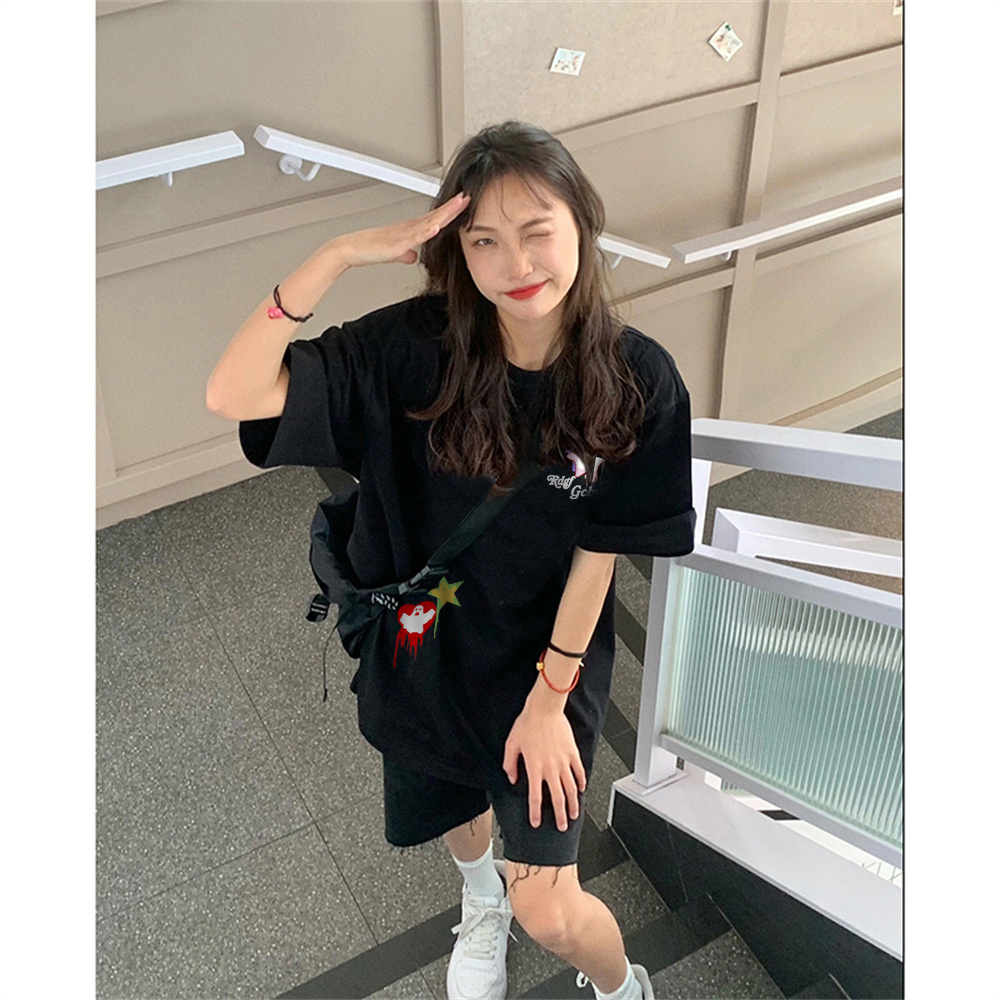 Áo Thun Ngắn Tay Dáng Rộng In Họa Tiết Sáng Tạo Theo Phong Cách retro Mỹ Đen