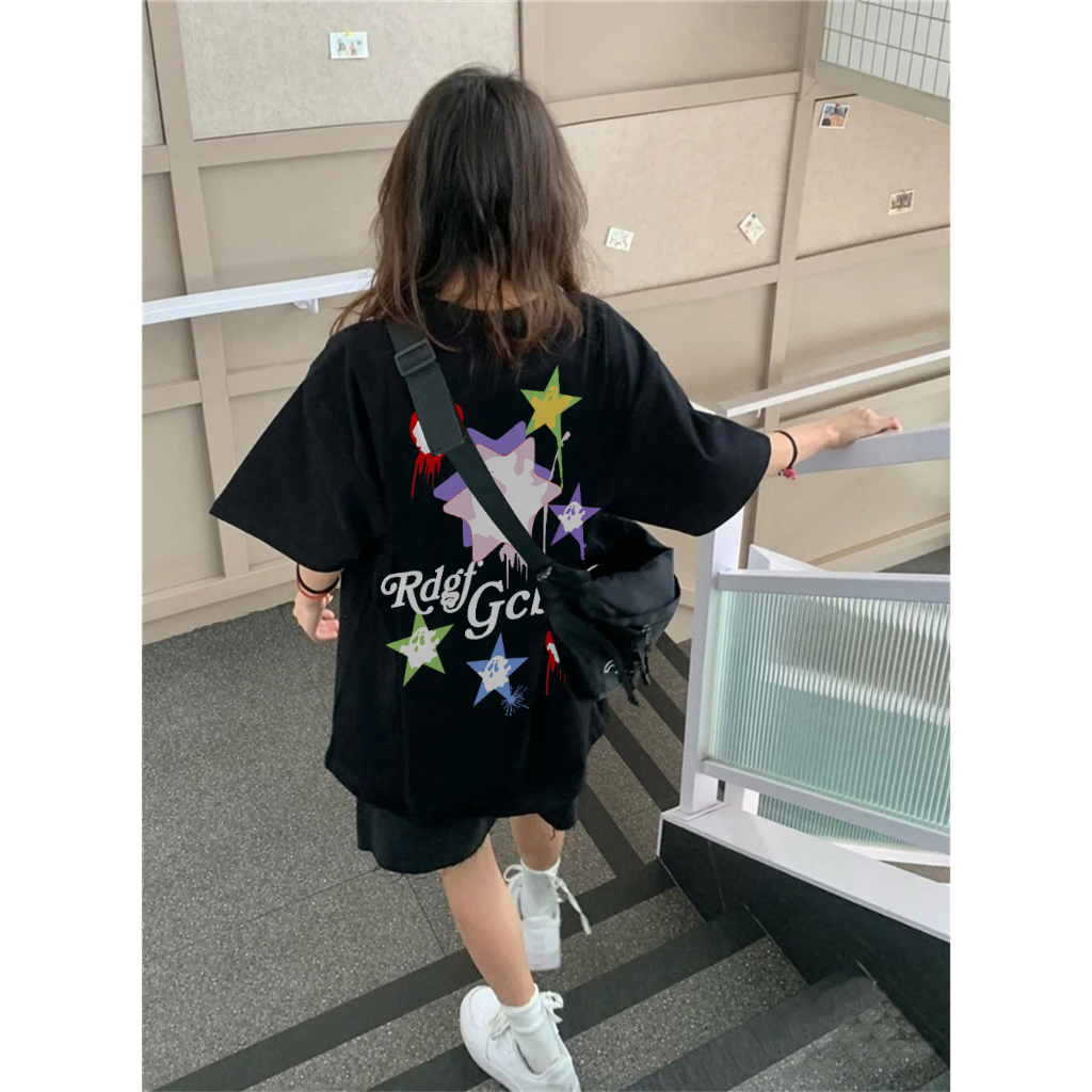 Áo Thun Ngắn Tay Dáng Rộng In Họa Tiết Sáng Tạo Theo Phong Cách retro Mỹ Đen