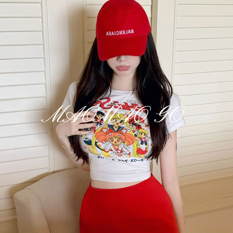 Maomao GO Áo Thun Cotton Màu Trơn In Hình Thủy Thủ Mặt Trăng Dễ Thương Cho Nữ