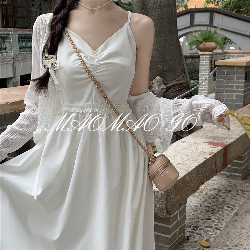 Maomao GO Đầm Hai Dây Dáng Dài Màu Trắng Thời Trang Mùa Hè Kỳ Nghỉ Dành Cho Bạn Nữ