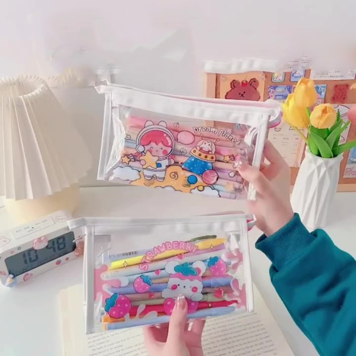 Túi Đựng Bút Bằng PVC Trong Suốt Cỡ Lớn In Hoạt Hình Dễ Thương Cho Học Sinh