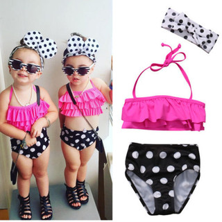 Bộ đồ bơi 2 mảnh tankini kèm băng đô họa tiết chấm bi xinh xắn bằng polyester dành cho bé gái
