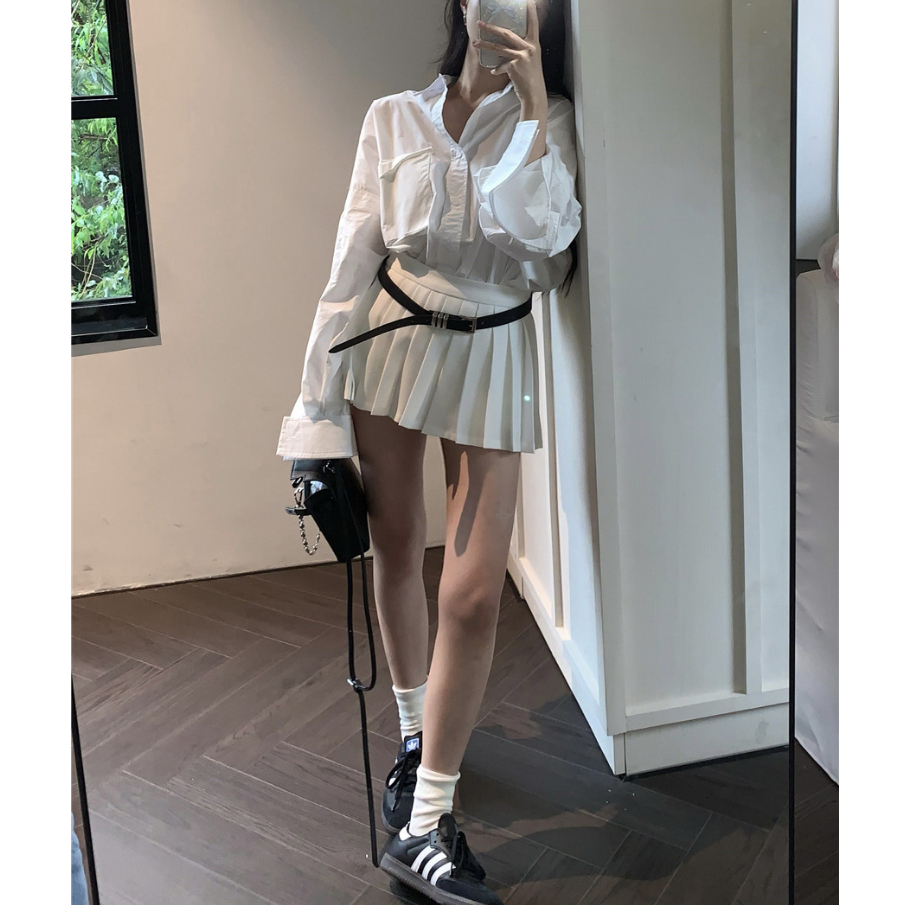 【JMWOMEN】Bộ Áo Sơ Mi Trắng Tay Dài + Chân Váy Xếp Ly Mặc Trong Váy An Toàn Cho Bé Gái