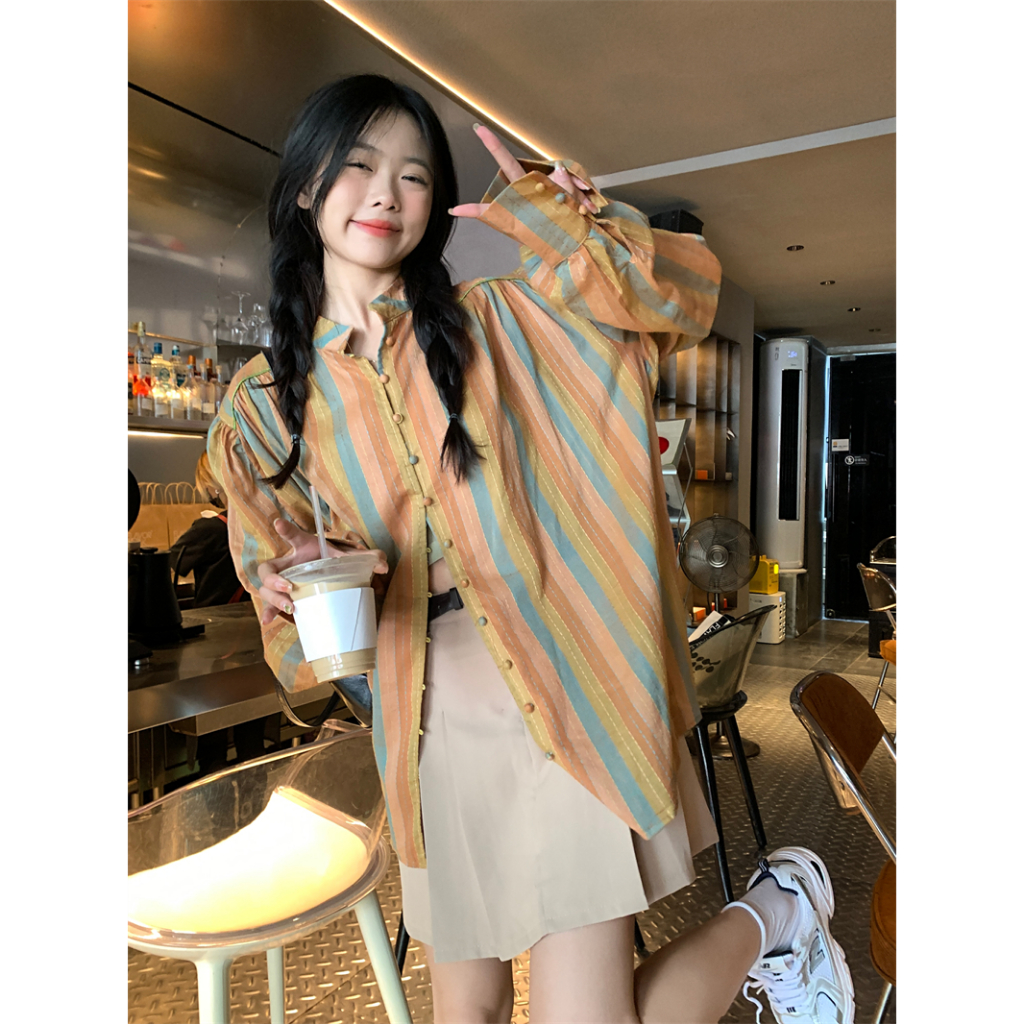 Áo Khoác Sơ Mi Mỏng Dáng Rộng Tay Dài Cổ polo Kẻ Sọc Màu Tương Phản Thời Trang Cổ Điển Cho Nữ