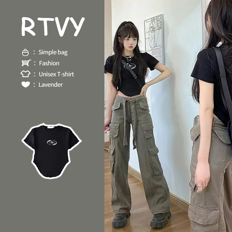 【RTVY】Áo Thun crop top Tay Ngắn Cổ Tròn Màu Đen In Họa Tiết Thời Trang Quyến Rũ Cho Nữ
