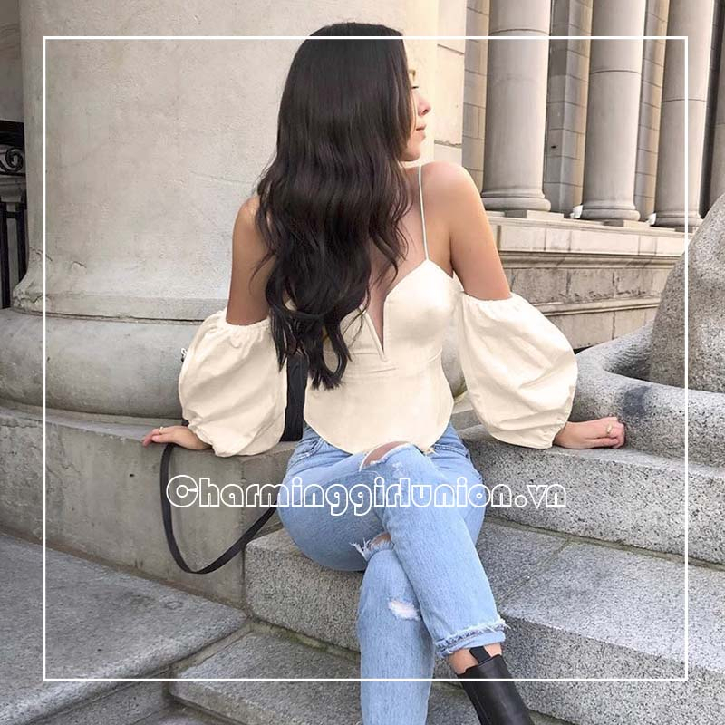 Áo croptop nữ cổ chữ V tay áo kiểu lồng đèn thời trang quyến rũ